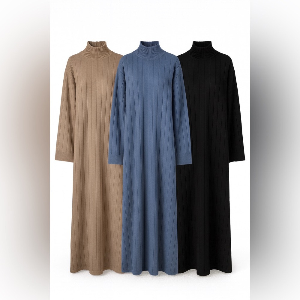 Elegant Women's Ribbed Knit Dress - Tan, Blue, Black